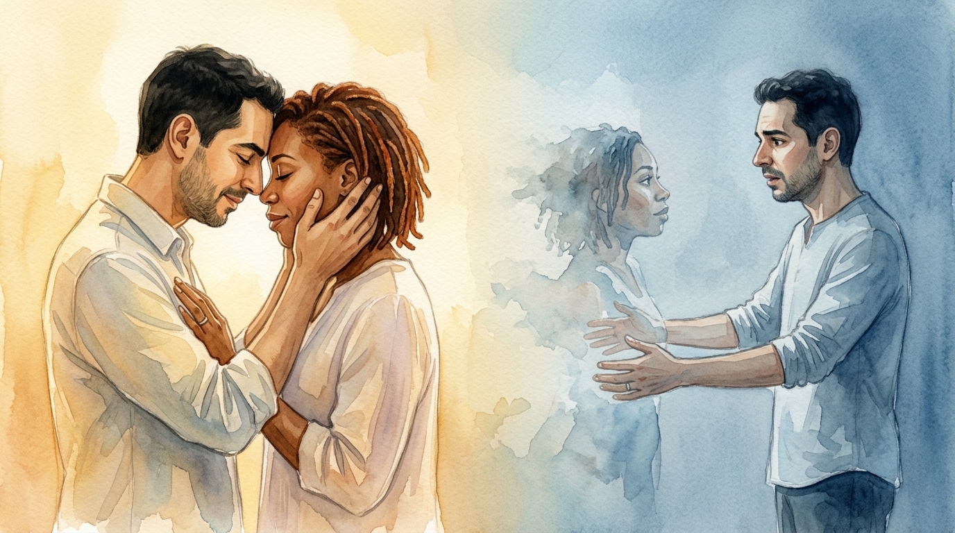 Couple en aquarelle, embrasse &agrave; gauche, silhouette qui s&rsquo;efface &agrave; droite