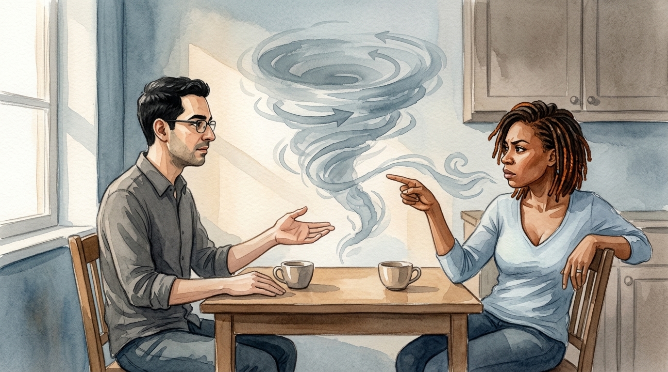 Conversation &agrave; table, gestes oppos&eacute;s, tourbillon de mots entre les deux
