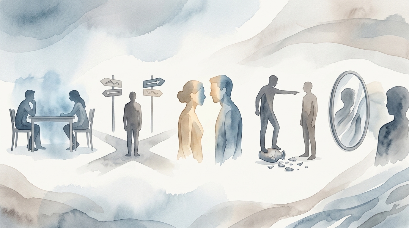 Cinq vignettes aquarelle illustrant cinq sch&eacute;mas relationnels destructeurs