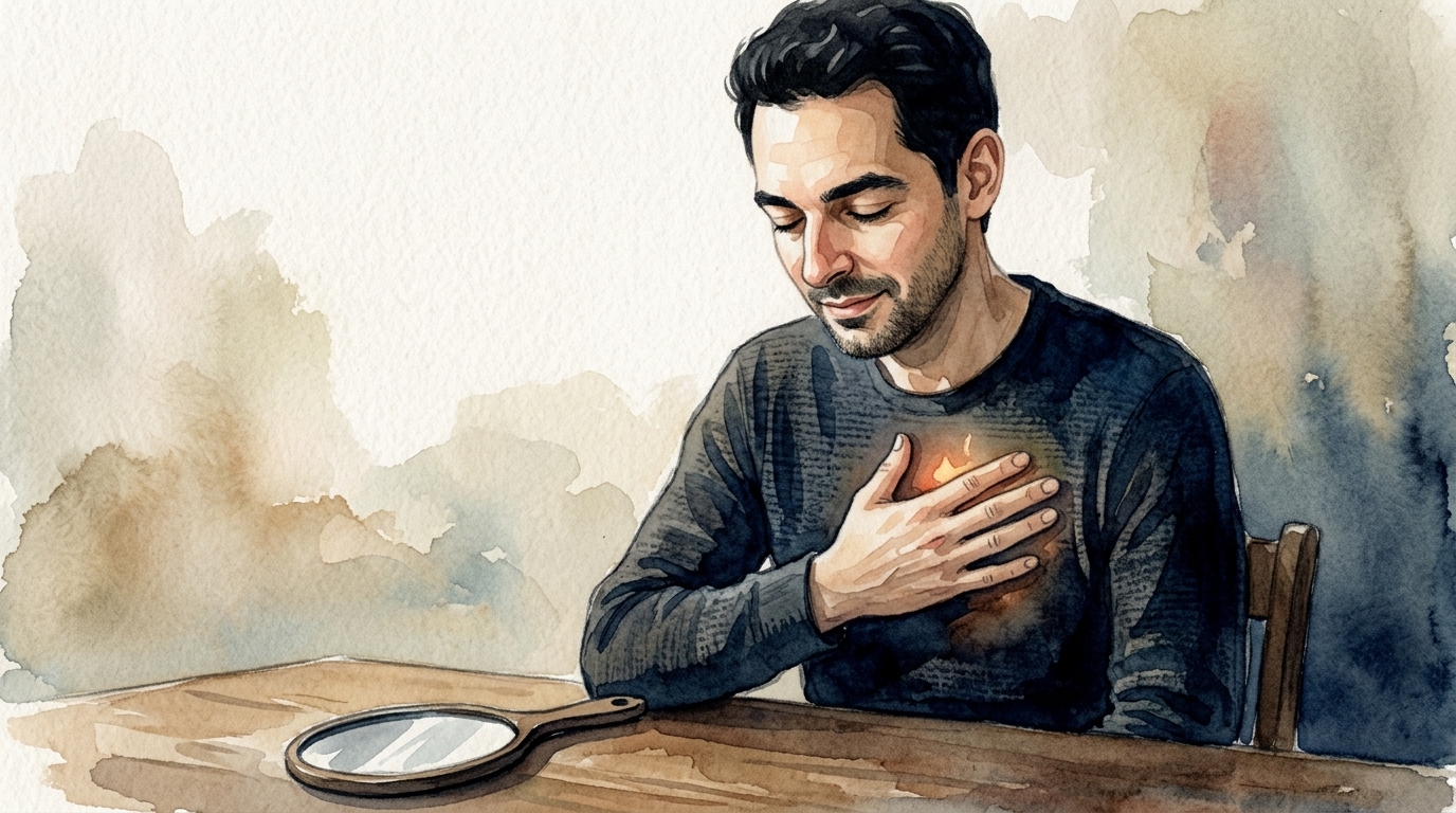 Homme une main sur le c&oelig;ur, regard int&eacute;rieur