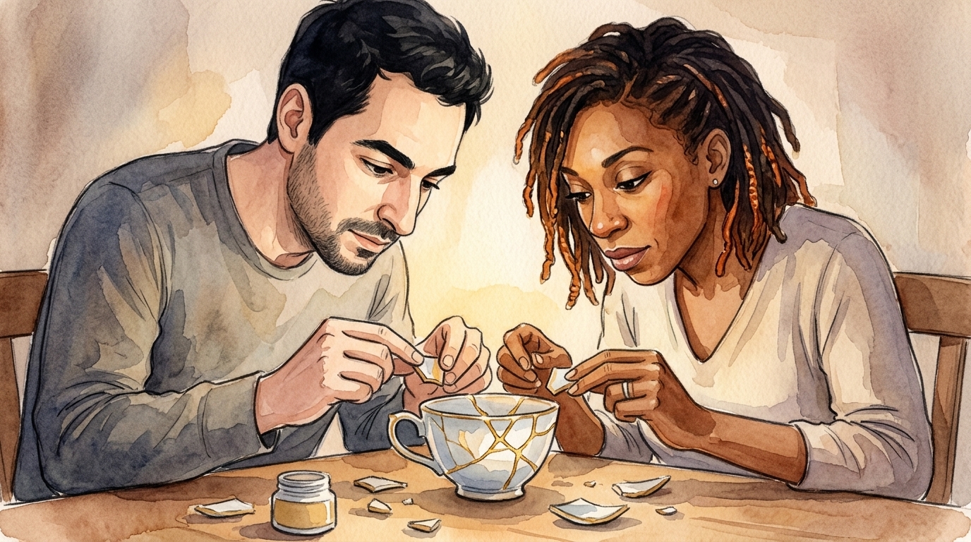 Tentative de r&eacute;parer une tasse avec kintsugi dor&eacute;