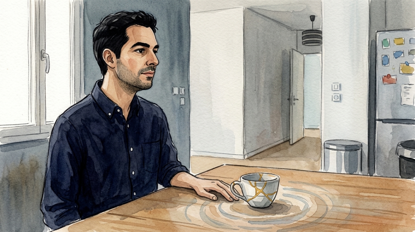 Homme seul dans une cuisine, la tasse r&eacute;par&eacute;e