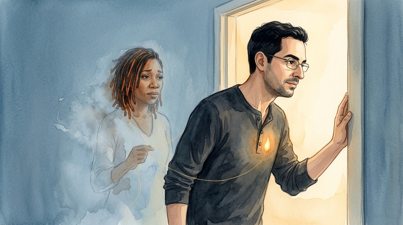 Homme au seuil d&rsquo;une pi&egrave;ce lumineuse, femme en aquarelle qui s&rsquo;efface derri&egrave;re