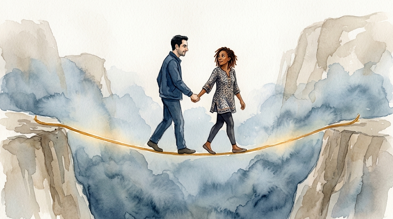 Couple sur une corde au-dessus d&rsquo;un gouffre