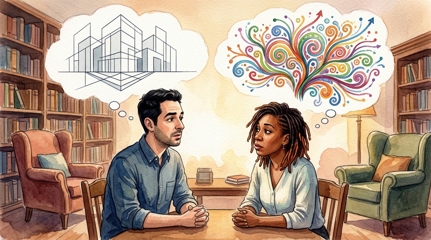 Couple avec deux nuages de pensée différents au-dessus