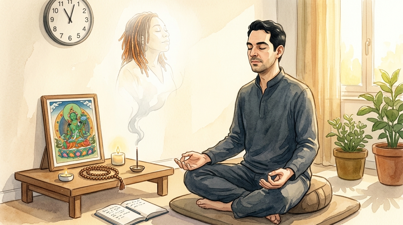 Homme en m&eacute;ditation devant un autel avec une thangka de Tara verte, horloge 11:11
