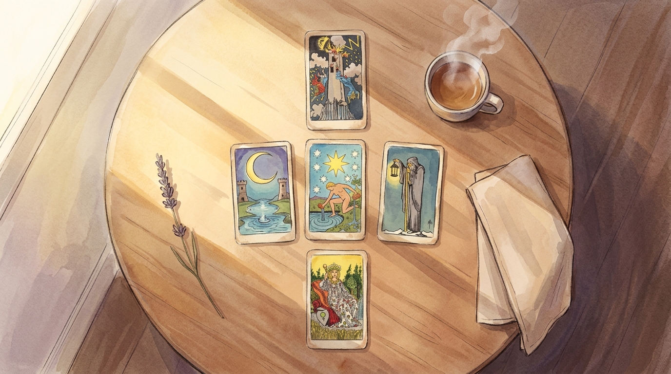 Les cartes étalées sur la table, sans personne pour les lire