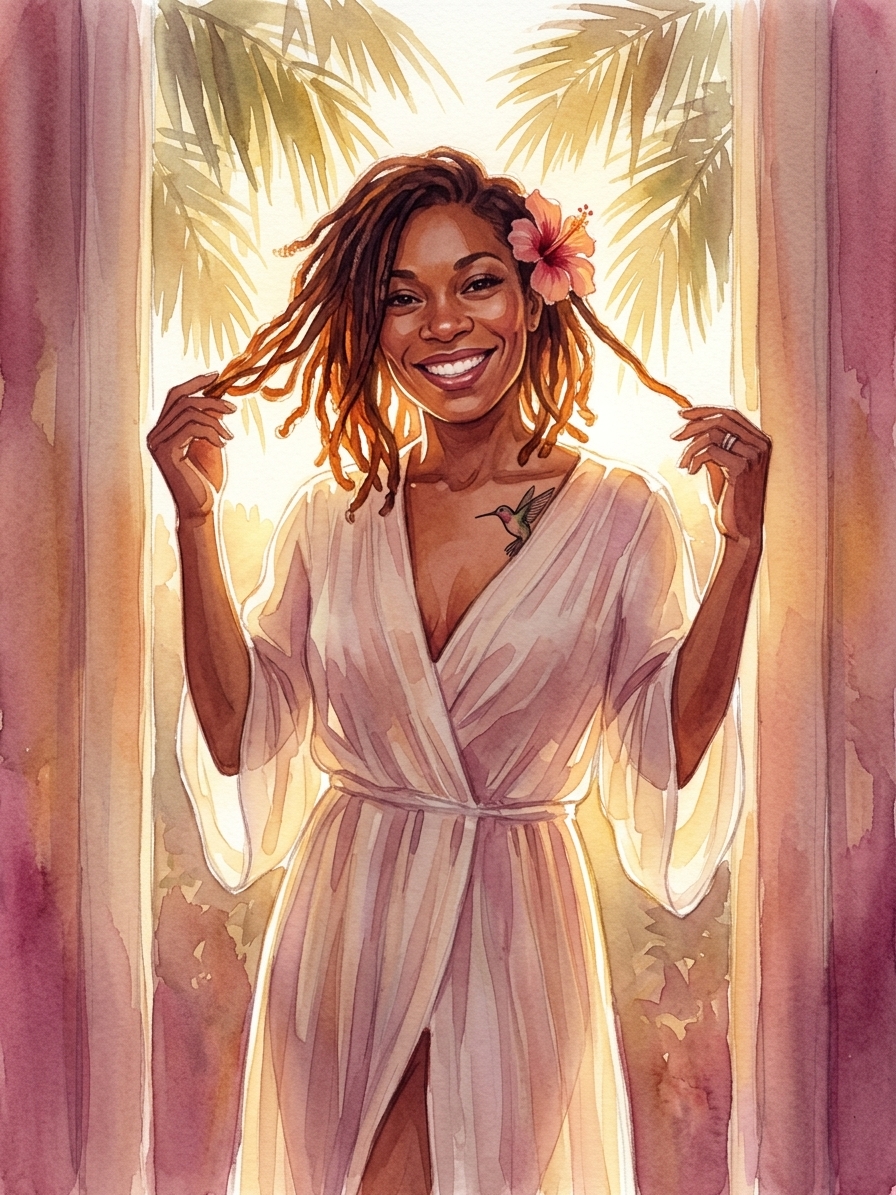 Muriel souriante dans un passage lumineux, en aquarelle